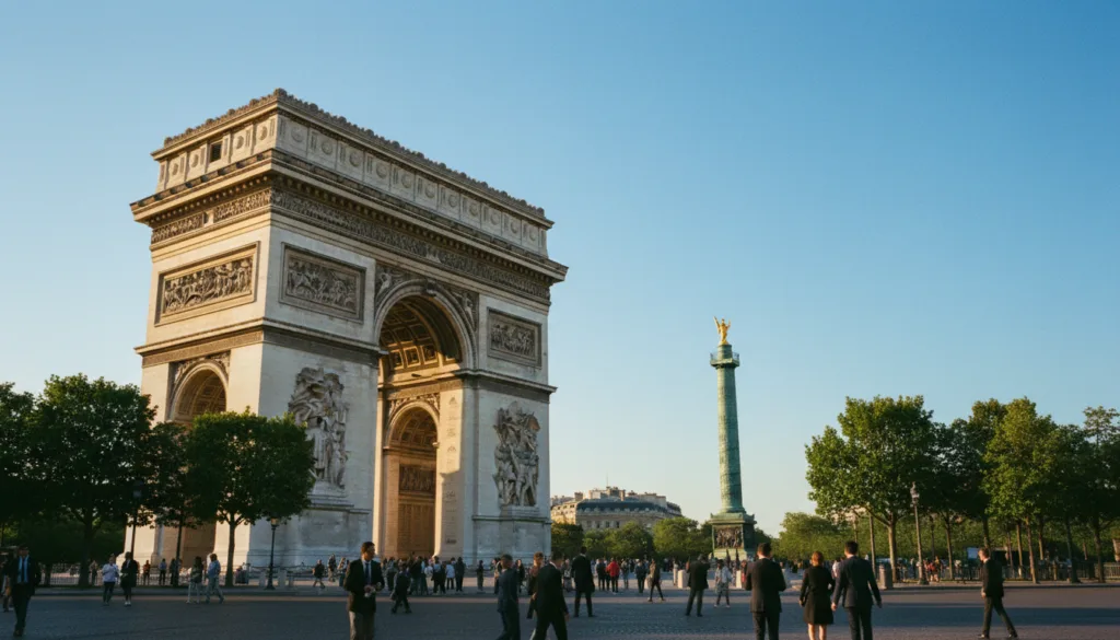 Una vista impresionante del Arco del Triunfo, el icónico monumento que simboliza la era napoleónica, se alza prominentemente en primer plano. Alrededor del arco, frondosos árboles bordean el impecable espacio abierto, mientras visitantes vestidos con atuendos profesionales pasean tranquilamente, admirando su significado histórico. En segundo plano, se aprecian otros monumentos napoleónicos, como la Columna Vendôme, cuyos detalles ornamentales se capturan con una nítida resolución. El fondo luce un cielo azul despejado que proyecta un cálido tono dorado sobre la escena, mientras la luz del atardecer realza las texturas de la piedra. La composición está tomada desde un ángulo bajo, realzando la majestuosidad de la arquitectura en el vibrante ambiente parisino. La imagen, renderizada en resolución 8k, resalta los detalles intrincados y proporciona una calidad cinematográfica al cautivador paisaje histórico.