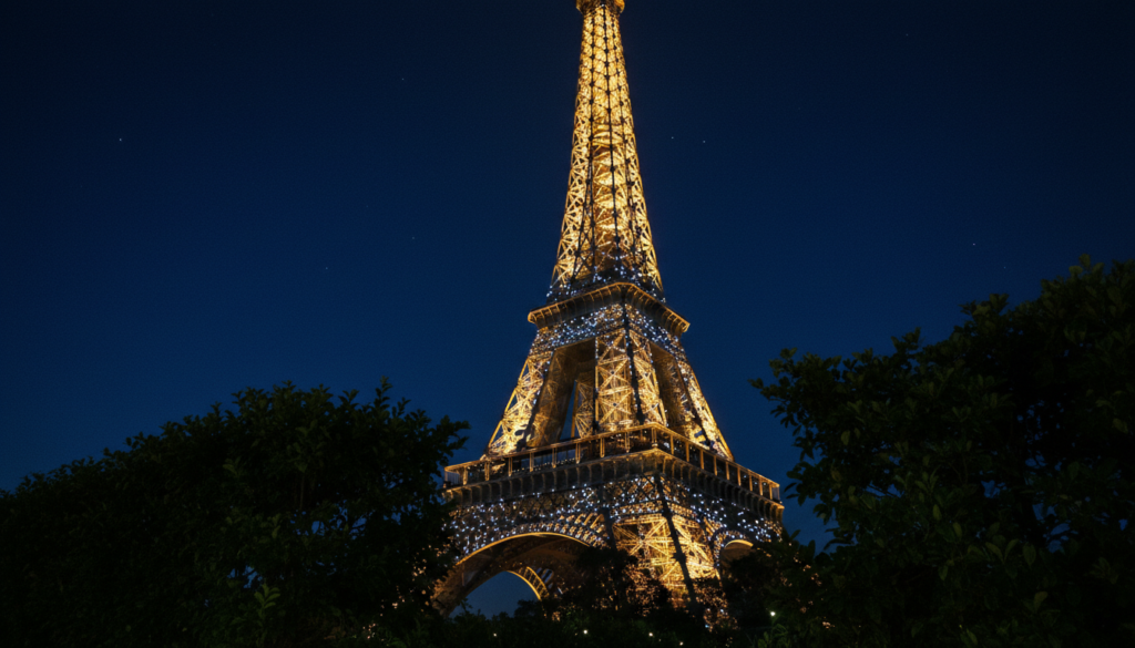 A breathtaking view of the Eiffel Tower illuminated against the night sky, adorned with thousands of sparkling lights. In the foreground, dark, lush greenery frames the scene, contrasting the bright golden tones of the tower. The middle ground features the iconic structure towering majestically, with intricate ironwork details visible in high resolution. The background reveals a deep blue sky filled with a few scattered stars, enhancing the romantic atmosphere. The composition captures the essence of Paris nightlife, with soft, cinematic lighting that highlights the textures of the tower. Shot at a slight low angle to emphasize its grandeur, the image should convey a sense of wonder and enchantment, inviting viewers to immerse themselves in the beauty of this illuminated landmark. 8k resolution captures every detail with stunning clarity.