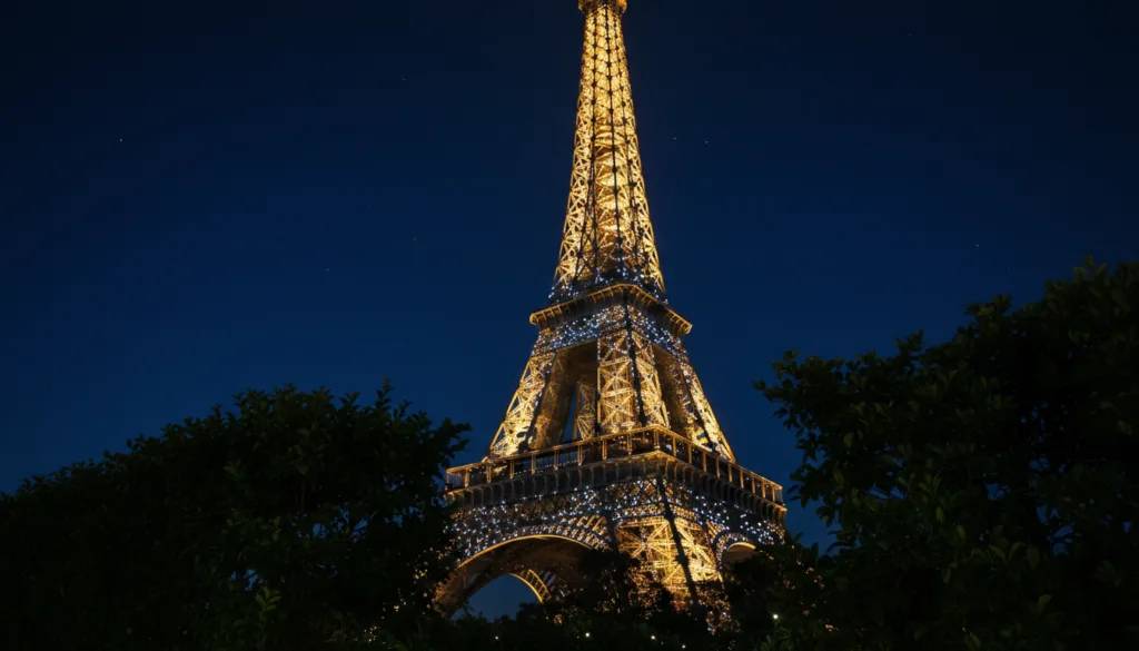 Una vista impresionante de la Torre Eiffel iluminada contra el cielo nocturno, adornada con miles de luces brillantes. En primer plano, una vegetación oscura y exuberante enmarca la escena, contrastando con los brillantes tonos dorados de la torre. En segundo plano, la icónica estructura se alza majestuosa, con intrincados detalles de herrería visibles en alta resolución. El fondo revela un cielo azul intenso con algunas estrellas dispersas, realzando la atmósfera romántica. La composición captura la esencia de la vida nocturna parisina, con una iluminación suave y cinematográfica que realza las texturas de la torre. Tomada con un ángulo ligeramente bajo para enfatizar su majestuosidad, la imagen busca transmitir una sensación de asombro y encanto, invitando al espectador a sumergirse en la belleza de este monumento iluminado. La resolución 8k captura cada detalle con una claridad asombrosa.