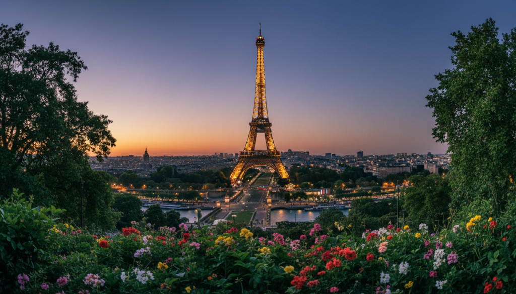 A breathtaking view of the Eiffel Tower, the iconic landmark of Paris, set against a serene twilight sky. In the foreground, lush greenery and vibrant flowers frame the scene, enhancing the allure of this historic monument. The middle ground features the elegantly lit Eiffel Tower, showcasing its intricate iron lattice work and illuminated by warm golden lights, making it a focal point of the city. The background reveals the softly glowing cityscape of Paris, with twinkling lights from nearby buildings and the Seine River reflecting the ambiance. The image is captured with a wide-angle lens, emphasizing the grandeur of the tower, while golden hour lighting adds a dreamy atmosphere. The photograph is rendered in stunning 8k resolution, displaying highly detailed textures and rich colors for an immersive experience. A breathtaking view of the Eiffel Tower, the iconic landmark of Paris, set against a serene twilight sky. In the foreground, lush greenery and vibrant flowers frame the scene, enhancing the allure of this historic monument. The middle ground features the elegantly lit Eiffel Tower, showcasing its intricate iron lattice work and illuminated by warm golden lights, making it a focal point of the city. The background reveals the softly glowing cityscape of Paris, with twinkling lights from nearby buildings and the Seine River reflecting the ambiance. The image is captured with a wide-angle lens, emphasizing the grandeur of the tower, while golden hour lighting adds a dreamy atmosphere. The photograph is rendered in stunning 8k resolution, displaying highly detailed textures and rich colors for an immersive experience.