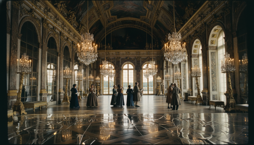 A breathtaking view of the Hall of Mirrors in the Palace of Versailles, showcasing its opulent decor and intricate gilded details. In the foreground, the reflective surfaces of the mirrors create a mesmerizing play of light, capturing the grandeur of the chandeliers above. The middle ground features elegantly dressed visitors in modest attire, admiring the stunning surroundings, which include ornate columns and beautifully painted ceilings. In the background, large arched windows reveal views of the gardens outside, bathed in warm, golden sunlight, enhancing the regal atmosphere. The image is designed to be a raw photograph with cinematic lighting and highly detailed textures, captured in 8k resolution, evoking a sense of awe and historical significance in this iconic location. A breathtaking view of the Hall of Mirrors in the Palace of Versailles, showcasing its opulent decor and intricate gilded details. In the foreground, the reflective surfaces of the mirrors create a mesmerizing play of light, capturing the grandeur of the chandeliers above. The middle ground features elegantly dressed visitors in modest attire, admiring the stunning surroundings, which include ornate columns and beautifully painted ceilings. In the background, large arched windows reveal views of the gardens outside, bathed in warm, golden sunlight, enhancing the regal atmosphere. The image is designed to be a raw photograph with cinematic lighting and highly detailed textures, captured in 8k resolution, evoking a sense of awe and historical significance in this iconic location.