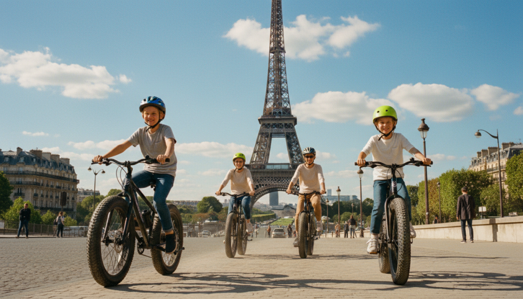 A bright, sunny day in Paris, featuring a joyful family on a fat bike tour. In the foreground, two children, wearing colorful helmets and safety gear, are riding their chunky tires, smiling and enjoying the moment. The middle ground shows the parents also on fat bikes, dressed in casual, modest clothing, pedaling beside their kids while observing the charming Parisian streets. The background includes iconic Paris landmarks like the Eiffel Tower and tree-lined pathways, framed under a blue sky with fluffy white clouds. The scene is bathed in warm, cinematic lighting, highlighting the excitement and safety of outdoor family activities. Captured in 8k resolution, with detailed textures that evoke a vibrant, family-friendly atmosphere.