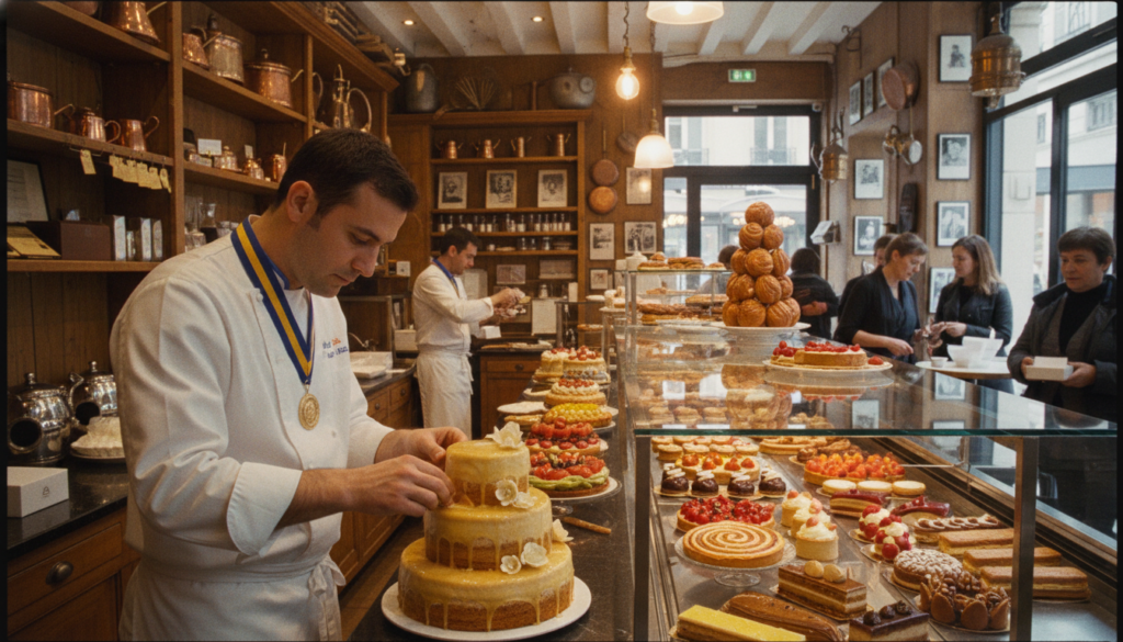A bustling Parisian pastry shop showcasing the essence of French apprenticeship and "mof" (Meilleur Ouvrier de France) tradition. In the foreground, a skilled pastry chef in a crisp white coat and traditional apron carefully decorates an exquisite cake with intricate sugar flowers and delicate glazing. The middle layer captures a vibrant array of pastries and colorful cakes displayed in elegant glass cases, reflecting the artistry involved. In the background, warm, ambient lighting casts a cozy glow over rustic wooden interiors adorned with vintage pastry tools and artful decorations. The atmosphere is inviting and filled with a sense of craftsmanship and elegance, enhanced by the cinematic lighting that highlights textures and details. The photograph is vivid and captured in 8k resolution, exuding the charm of a quintessential Parisian cake shop.