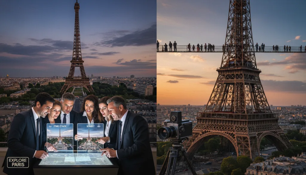 Una fascinante comparación de los tours de acceso a la segunda planta y a la cima de la Torre Eiffel, con el impresionante horizonte parisino como fondo. En primer plano, un grupo diverso de visitantes con atuendos profesionales examina una pantalla interactiva que muestra las diferencias entre ambos tours, con expresiones que reflejan curiosidad y entusiasmo. En el plano medio se encuentra la icónica Torre Eiffel, con la segunda planta repleta de turistas, mientras que la cima ofrece vistas serenas con menos visitantes. El fondo captura el hermoso horizonte parisino al atardecer, con una cálida iluminación cinematográfica que realza las texturas de la torre y el paisaje urbano. La imagen, renderizada en resolución 8k con texturas muy detalladas y tomada desde un ángulo ligeramente elevado para aportar profundidad y perspectiva, busca evocar una sensación de asombro y exploración. Una fascinante comparación de los tours de acceso a la segunda planta y a la cima de la Torre Eiffel, con el impresionante horizonte parisino como fondo. En primer plano, un grupo diverso de visitantes con atuendos profesionales examina una pantalla interactiva que muestra las diferencias entre ambos tours, con expresiones que reflejan curiosidad y entusiasmo. En el plano medio se encuentra la icónica Torre Eiffel, con la segunda planta repleta de turistas, mientras que la cima ofrece vistas serenas con menos visitantes. El fondo captura el hermoso horizonte parisino al atardecer, con una cálida iluminación cinematográfica que realza las texturas de la torre y el paisaje urbano. La imagen, renderizada en resolución 8k con texturas muy detalladas y tomada desde un ángulo ligeramente elevado para aportar profundidad y perspectiva, busca evocar una sensación de asombro y exploración.