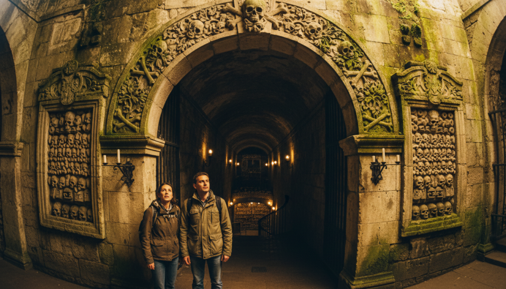 O intrare captivantă în Catacombele din Paris, înconjurată de ziduri de piatră erodate și arcade complicate, care duc în adâncurile istoriei. În prim-plan, o pereche de turiști în haine casual modeste, cu expresii care amestecă curiozitatea și uimirea, se pregătesc să pornească în aventura lor subterană. Planul din mijloc prezintă sculpturi ornamentate și căi slab iluminate, care sugerează secretele de dedesubt. Fundalul surprinde tunelul întunecat și primitor care se extinde în umbre, cu subtile indicii de motive osoase vizibile. Scena este iluminată de o iluminare cinematografică moale, cu tonuri aurii, care creează o atmosferă misterioasă, dar primitoare, evidențiind texturile pietrelor antice. Filmată cu un obiectiv ultra-wide pentru o perspectivă dramatică, la o rezoluție uimitoare de 8k, accentuând profunzimea și farmecul acestei locații istorice emblematice.