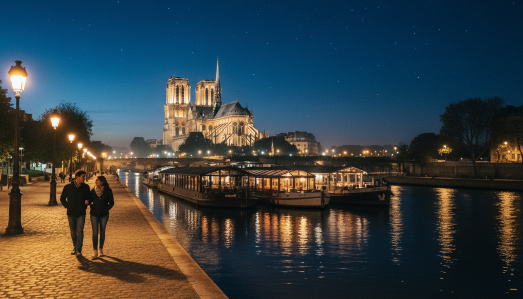 A captivating night scene along the Seine River in Paris, featuring the illuminated Notre-Dame Cathedral in the background. In the foreground, a couple in modest casual clothing strolls hand-in-hand along the riverside pathway, enjoying the romantic atmosphere. The middle ground includes charming riverboat restaurants with warm, inviting lights, and soft reflections dancing on the water's surface. A faint mist lingers above the river, adding a dreamy quality to the setting. The sky is deep blue, studded with twinkling stars, and streetlamps cast a golden glow across the cobblestone walkway. The composition is shot with a wide-angle lens that captures the full splendor of the scene, showcasing detailed textures in the architecture and natural elements. The mood is serene and enchanting, embodying the magic of Paris at night, rendered in stunning 8k resolution with cinematic lighting.