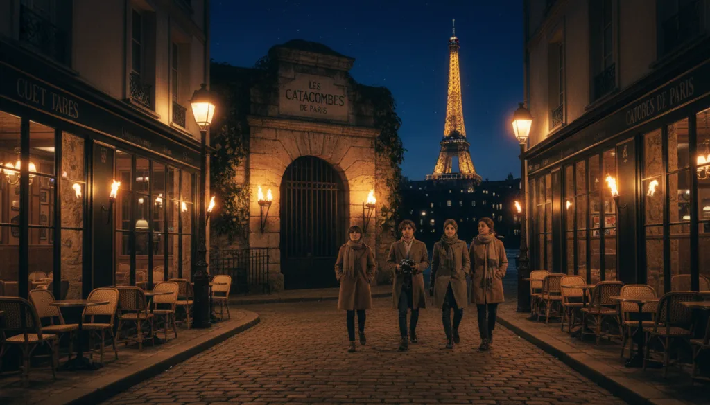 Una cautivadora escena nocturna en París que muestra caminatas nocturnas y experiencias subterráneas. En primer plano, una calle adoquinada, bordeada de pintorescos cafés y farolas brillantes, proyecta sombras suaves. Un pequeño grupo de personas con ropa informal y modesta pasea tranquilamente, con los rostros iluminados por una cálida luz dorada. En el centro, se alza una acogedora entrada a las Catacumbas, con su arco de piedra enmarcado por enredaderas y tenuemente iluminado por antorchas parpadeantes. Al fondo, se muestra la icónica silueta del horizonte parisino bajo un cielo nocturno estrellado, con la Torre Eiffel brillando sutilmente en la distancia. La atmósfera general es misteriosa pero encantadora, con una iluminación cinematográfica que enfatiza las texturas de la piedra envejecida y la animada atmósfera de las calles. Capture la escena en resolución 8k, con un enfoque en los detalles ricos y los colores vibrantes, utilizando un lente gran angular para lograr profundidad.
