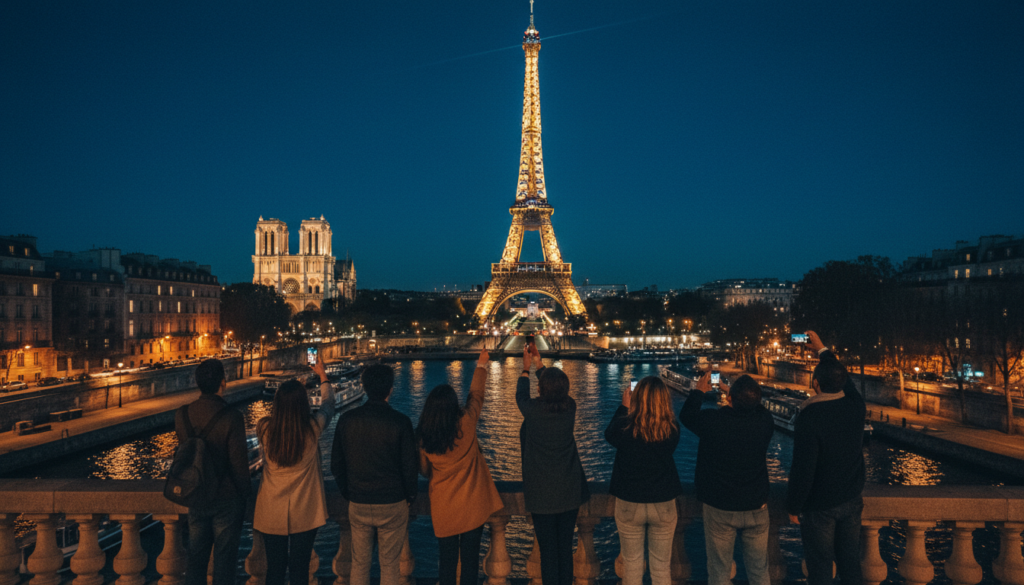 Aizraujoša Parīzes nakts aina, kurā redzami izgaismoti orientieri nakts ekskursijas laikā. Priekšplānā tūristu grupa, ģērbusies pieticīgā ikdienas apģērbā, ar apbrīnu vēro satriecošo Eifeļa torni, kas spoži izgaismots pret nakts debesīm. Vidusplanē redzama Sēnas upe, kas atstaro tuvumā esošo ielu laternu un vēsturisko ēku mirdzumu, pastiprinot burvīgo atmosfēru. Fonā ikoniskā Dievmātes katedrāle majestātiski, maigi izgaismota, ko ieskauj sulīgi koki. Aina ir izgaismota ar kinematogrāfisku apgaismojumu, radot dramatiskus kontrastus un izceļot sarežģītās arhitektūras detaļas. Uzņemts ar platleņķa objektīvu, lai iemūžinātu pilsētas plašo skaistumu, attēls ir 8k izšķirtspējā ar ļoti detalizētām tekstūrām, radot siltu, maģisku izpētes un atklāšanas noskaņu.