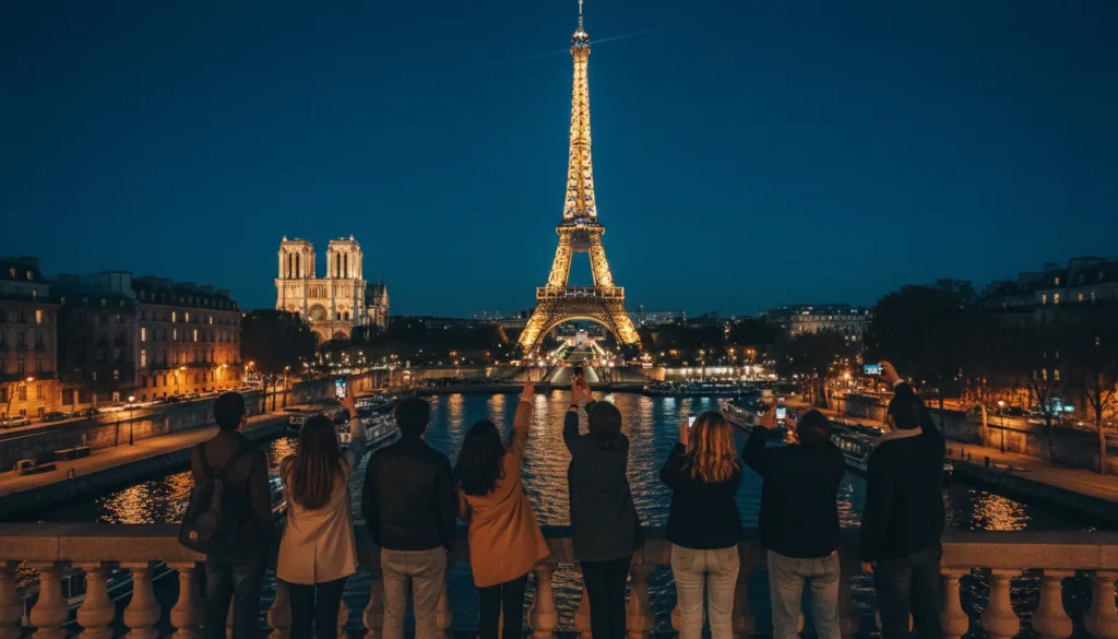 Una cautivadora escena nocturna de París que muestra monumentos iluminados durante un recorrido nocturno. En primer plano, un grupo de turistas, vestidos con ropa informal y modesta, contempla con asombro la imponente Torre Eiffel, brillantemente iluminada contra el cielo nocturno. En segundo plano, el río Sena refleja el resplandor de las farolas y los edificios históricos cercanos, realzando la atmósfera encantadora. Al fondo, la icónica Catedral de Notre Dame se yergue majestuosa, suavemente iluminada, rodeada de frondosos árboles. La escena está iluminada con una iluminación cinematográfica que crea contrastes dramáticos y resalta los intrincados detalles arquitectónicos. Capturada con un objetivo gran angular para capturar la imponente belleza de la ciudad, la imagen se presenta en resolución 8k con texturas altamente detalladas, evocando una atmósfera cálida y mágica de exploración y descubrimiento.
