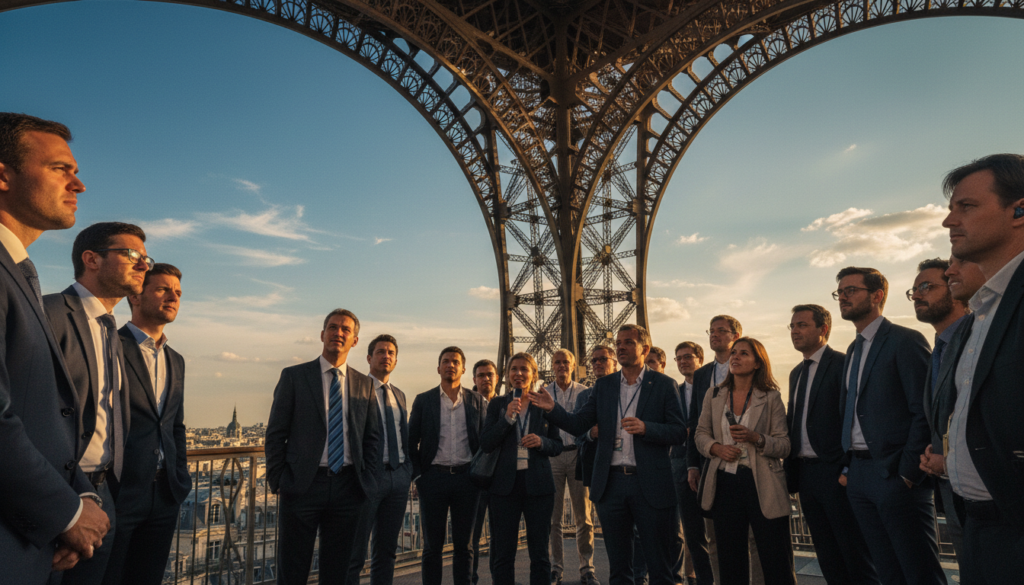 A captivating scene at the Eiffel Tower, focusing on a guided tour group experiencing summit access. In the foreground, a diverse group of tourists in professional business attire and modest casual clothing, excitedly listening to a knowledgeable tour guide pointing toward the breathtaking Parisian skyline. In the middle ground, the Eiffel Tower elegantly rises, showcasing intricate ironwork details. The background features a clear blue sky with wispy clouds, set against the romantic ambiance of Paris. Utilize cinematic lighting to enhance the textures of the tower and subtly illuminate the faces of the tourists, capturing their awe and wonder. Shot from a slightly low angle to emphasize the grandeur of the Eiffel Tower, ensuring the composition is rich in detail and vibrant colors. The final image should be in 8k resolution for maximum clarity and impact. A captivating scene at the Eiffel Tower, focusing on a guided tour group experiencing summit access. In the foreground, a diverse group of tourists in professional business attire and modest casual clothing, excitedly listening to a knowledgeable tour guide pointing toward the breathtaking Parisian skyline. In the middle ground, the Eiffel Tower elegantly rises, showcasing intricate ironwork details. The background features a clear blue sky with wispy clouds, set against the romantic ambiance of Paris. Utilize cinematic lighting to enhance the textures of the tower and subtly illuminate the faces of the tourists, capturing their awe and wonder. Shot from a slightly low angle to emphasize the grandeur of the Eiffel Tower, ensuring the composition is rich in detail and vibrant colors. The final image should be in 8k resolution for maximum clarity and impact.