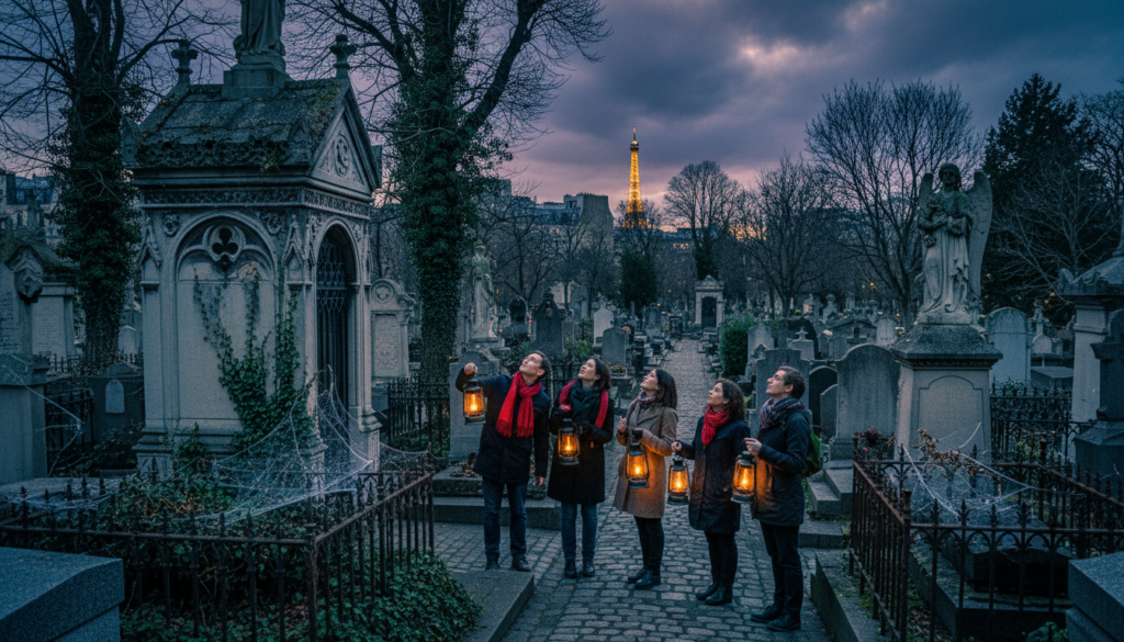 پیرس میں ماضی کے دوروں کی تصویر کشی کرنے والا ایک دلکش منظر Père Lachaise اور Montparnasse جیسے مشہور قبرستانوں کے پس منظر میں ترتیب دیا گیا ہے۔ پیش منظر میں، معمولی آرام دہ اور پرسکون لباس میں ملبوس سیاحوں کا ایک چھوٹا سا گروہ آرائشی قبروں کے پتھروں اور موسم سے بھرے مجسموں کو دیکھتا ہے، جو ہلکی پھلکی لالٹینوں سے روشن ہوتے ہیں جو نرم، خوفناک سائے ڈالتے ہیں۔ وسط میں، سمیٹنے والے راستے سرسبز، زیادہ بڑھی ہوئی ہریالی اور نازک موچی جالے سے بنے ہوئے ہیں جو مدھم روشنی میں چمکتے ہیں۔ پس منظر میں لمبے لمبے، قدیم درخت اور پیرس کی چھتوں کا سلیویٹ ایک موڈی، گودھولی کے آسمان کے نیچے گھومتے بادلوں سے بھرا ہوا ہے۔ مجموعی طور پر ماحول صوفیانہ اور خوفناک ہے، جو ان مشہور مقامات سے وابستہ بھرپور تاریخ اور بھوت کی کہانیوں پر زور دیتا ہے۔ انتہائی تفصیلی ساخت اور متحرک رنگوں کے ساتھ، شاندار 8k ریزولوشن میں تجربے کی سحر انگیزی کے ساتھ تصویر کا سینما کا معیار ہونا چاہیے۔ پیرس میں ماضی کے دوروں کی تصویر کشی کرنے والا ایک دلکش منظر Père Lachaise اور Montparnasse جیسے مشہور قبرستانوں کے پس منظر میں ترتیب دیا گیا ہے۔ پیش منظر میں، معمولی آرام دہ اور پرسکون لباس میں ملبوس سیاحوں کا ایک چھوٹا سا گروہ آرائشی قبروں کے پتھروں اور موسم سے بھرے مجسموں کو دیکھتا ہے، جو ہلکی پھلکی لالٹینوں سے روشن ہوتے ہیں جو نرم، خوفناک سائے ڈالتے ہیں۔ وسط میں، سمیٹنے والے راستے سرسبز، زیادہ بڑھی ہوئی ہریالی اور نازک موچی جالے سے بنے ہوئے ہیں جو مدھم روشنی میں چمکتے ہیں۔ پس منظر میں لمبے لمبے، قدیم درخت اور پیرس کی چھتوں کا سلیویٹ ایک موڈی، گودھولی کے آسمان کے نیچے گھومتے بادلوں سے بھرا ہوا ہے۔ مجموعی طور پر ماحول صوفیانہ اور خوفناک ہے، جو ان مشہور مقامات سے وابستہ بھرپور تاریخ اور بھوت کی کہانیوں پر زور دیتا ہے۔ انتہائی تفصیلی ساخت اور متحرک رنگوں کے ساتھ، شاندار 8k ریزولوشن میں تجربے کی سحر انگیزی کے ساتھ تصویر کا سینما کا معیار ہونا چاہیے۔