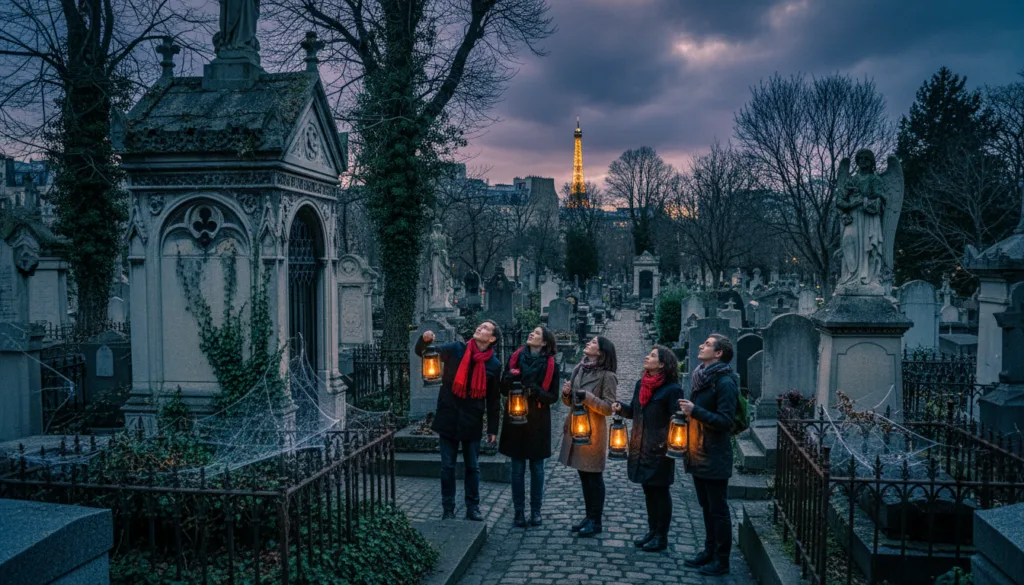 Pútavá scéna zobrazujúca prehliadky duchov v Paríži na pozadí slávnych cintorínov ako Père Lachaise a Montparnasse. V popredí malá skupina turistov oblečených v skromnom ležérnom oblečení s úžasom hľadí na zdobené náhrobné kamene a zvetrané sochy, osvetlené mihotavými lampášmi, ktoré vrhajú jemné, strašidelné tiene. Uprostred sú kľukaté chodníky lemované bujnou, prerastenou zeleňou a jemnými pavučinami, ktoré sa trblietajú v tlmenom svetle. V pozadí sú vysoké, starobylé stromy a silueta parížskych striech pod melancholickou, súmrakovou oblohou plnou víriacich oblakov. Celková atmosféra je mystická a strašidelná, zdôrazňuje bohatú históriu a strašidelné príbehy spojené s týmito ikonickými miestami. Obraz by mal mať filmovú kvalitu s vysoko detailnými textúrami a žiarivými farbami, zachytávajúc čaro zážitku v ohromujúcom rozlíšení 8k.