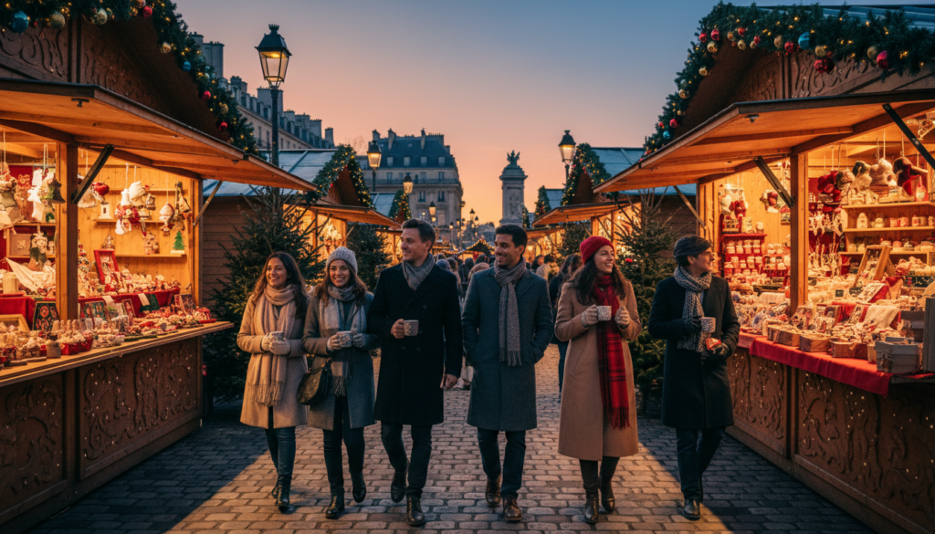 A captivating scene of a Christmas market walking tour in Paris, showcasing festive wooden chalets adorned with twinkling lights and vibrant decorations. In the foreground, a diverse group of people in smart casual attire strolls through the market, enjoying warm drinks and browsing handmade crafts. The middle ground features intricately detailed wooden stalls filled with holiday treats and artisanal gifts, surrounded by pine trees dusted with snow. The background reveals iconic Parisian architecture softly lit by the warm glow of street lamps, under a clear twilight sky transitioning to deep blue. The atmosphere is joyful and enchanting, inviting viewers to experience the magic of the Christmas season in Paris. Captured in a raw photograph style with cinematic lighting, the image should be in 8k resolution, highlighting the rich textures and festive ambiance.