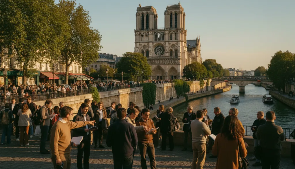 Podmanivý pohľad na katedrálu Notre-Dame v Paríži, ktorá predstavuje jej zložitú gotickú architektúru obklopenú bujnou zeleňou a historickými budovami. V popredí sa zhromaždí rozmanitá skupina nadšencov histórie, oblečení v decentnom ležérnom oblečení, ktorí obdivujú katedrálu a diskutujú o jej bohatej histórii. V strede záberu sa nachádzajú očarujúce parížske uličky lemované kaviarňami a malými obchodíkmi, zatiaľ čo v pozadí sa nachádza pokojná rieka Seina, ktorá odráža jemné, zlaté svetlo neskorého popoludňajšieho slnka. Zachyťte podstatu živej, no zároveň pokojnej atmosféry pomocou filmového osvetlenia, ktoré zvýrazňuje textúry kamennej fasády a živú uličnú scenériu. Obrázok by mal byť zobrazený v rozlíšení 8k s dôrazom na detaily a historický význam tohto ikonického miesta.