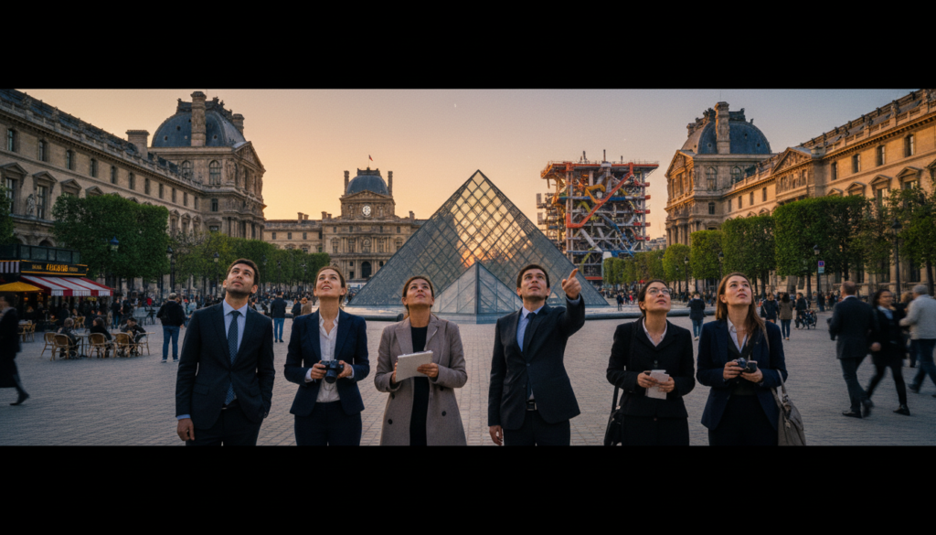 A captivating view of Paris’s world-renowned museums and galleries, featuring the iconic Louvre Pyramid, Musée d'Orsay's elegant architecture, and the Centre Pompidou's modern design. In the foreground, visitors dressed in professional attire admire the art, capturing the essence of cultural appreciation. The middle ground showcases the grandeur of these museums with intricate details, while the background reveals Parisian street life with hints of charming cafés and lush trees under a soft sunset glow. The scene is illuminated with cinematic lighting, enhancing the rich colors and details, captured in 8k resolution with a wide-angle lens for a dramatic perspective. The mood is vibrant and inspiring, celebrating the artistic heritage of Paris. A captivating view of Paris’s world-renowned museums and galleries, featuring the iconic Louvre Pyramid, Musée d'Orsay's elegant architecture, and the Centre Pompidou's modern design. In the foreground, visitors dressed in professional attire admire the art, capturing the essence of cultural appreciation. The middle ground showcases the grandeur of these museums with intricate details, while the background reveals Parisian street life with hints of charming cafés and lush trees under a soft sunset glow. The scene is illuminated with cinematic lighting, enhancing the rich colors and details, captured in 8k resolution with a wide-angle lens for a dramatic perspective. The mood is vibrant and inspiring, celebrating the artistic heritage of Paris.