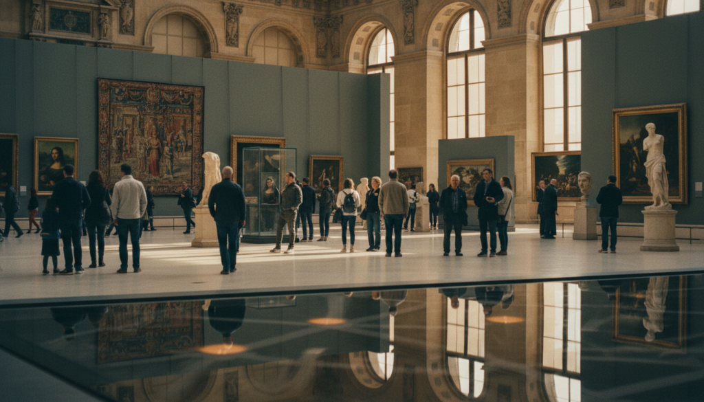 A captivating view of the Musée du Louvre's art galleries and exhibits, showcasing the grand architecture of the museum with its iconic glass pyramid at the entrance. In the foreground, a polished marble floor reflects the soft, warm glow of overhead lighting, while art lovers of diverse backgrounds gather to admire famous artworks and sculptures, dressed in modest casual clothing. The middle ground highlights elegantly arranged exhibits featuring masterpieces, surrounded by intricate detail and texture. In the background, the Louvre’s historic stone walls rise majestically, illuminated by natural light streaming through large windows, creating a serene and inspiring atmosphere. Capture this scene in 8k resolution with cinematic lighting to enhance the overall richness and grandeur of the museum experience. A captivating view of the Musée du Louvre's art galleries and exhibits, showcasing the grand architecture of the museum with its iconic glass pyramid at the entrance. In the foreground, a polished marble floor reflects the soft, warm glow of overhead lighting, while art lovers of diverse backgrounds gather to admire famous artworks and sculptures, dressed in modest casual clothing. The middle ground highlights elegantly arranged exhibits featuring masterpieces, surrounded by intricate detail and texture. In the background, the Louvre’s historic stone walls rise majestically, illuminated by natural light streaming through large windows, creating a serene and inspiring atmosphere. Capture this scene in 8k resolution with cinematic lighting to enhance the overall richness and grandeur of the museum experience.