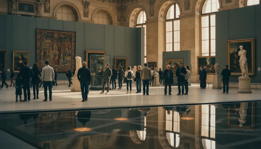 Podmanivý pohľad na umelecké galérie a expozície Musée du Louvre, ktorý predstavuje veľkolepú architektúru múzea s ikonickou sklenenou pyramídou pri vchode. V popredí leštená mramorová podlaha odráža jemnú, teplú žiaru stropného osvetlenia, zatiaľ čo milovníci umenia z rôzneho prostredia sa zhromažďujú, aby obdivovali slávne umelecké diela a sochy, oblečení v decentnom ležérnom oblečení. V strede zázemia sú elegantne usporiadané expozície s majstrovskými dielami, obklopené prepracovanými detailmi a textúrami. V pozadí sa majestátne týčia historické kamenné múry Louvru, osvetlené prirodzeným svetlom prúdiacim cez veľké okná a vytvárajúce pokojnú a inšpiratívnu atmosféru. Zachyťte túto scénu v rozlíšení 8k s filmovým osvetlením, ktoré umocní celkovú bohatosť a vznešenosť múzejného zážitku.