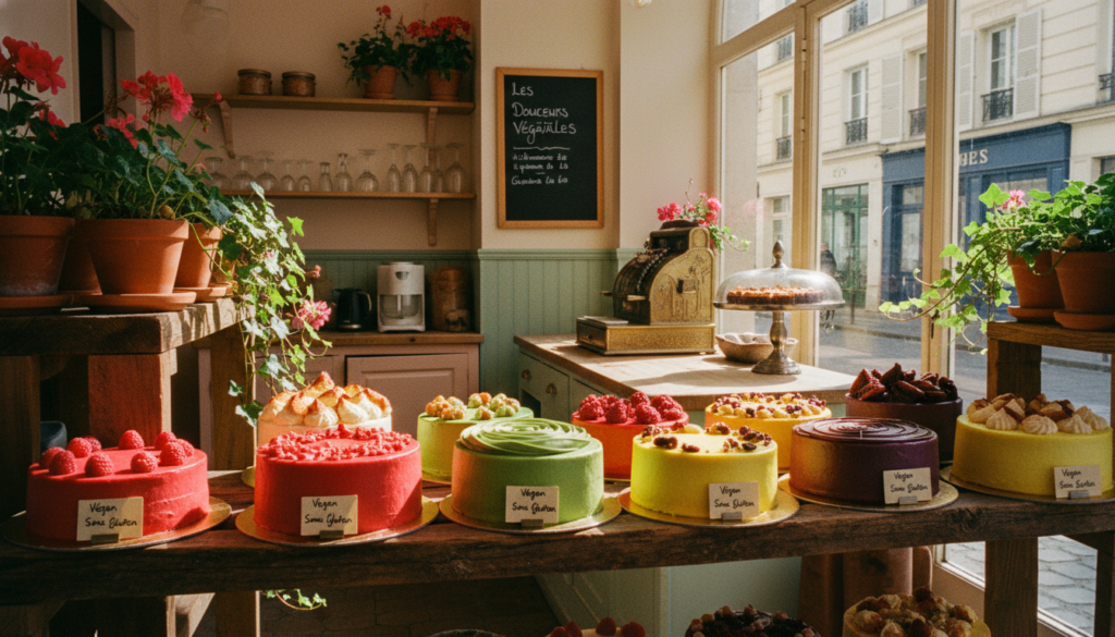 A charming Parisian cake shop display showcasing an array of vegan and gluten-free cakes. In the foreground, beautifully crafted cakes with vibrant colors and artistic decorations sit elegantly on rustic wooden shelves. The middle ground features the shop's inviting decor, including potted plants, delicate pastel walls, and a vintage cash register, conveying a warm atmosphere. In the background, large windows with soft natural light streaming in illuminate the space, enhancing the inviting mood. The scene is captured in a raw photograph style with cinematic lighting, highly detailed textures, and an 8k resolution, giving it a lively yet serene appeal that reflects the delights of plant-based baking in Paris.