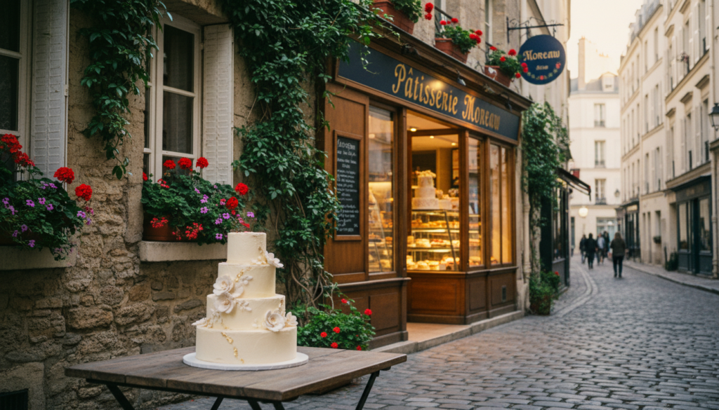 A charming Parisian cake shop hidden in a narrow cobblestone street, adorned with ivy-clad walls and quaint window boxes bursting with flowers. In the foreground, a beautifully decorated cake with intricate icing details sits enticingly on a rustic wooden table. The middle ground captures the inviting entrance, featuring vintage signage and a warm glow from the interior. The background reveals a peaceful Paris street, with elegant buildings softly blurred, hinting at the hustle of the city without overwhelming the scene. Soft, golden cinematic lighting enhances the textures of the cakes and the cozy atmosphere, while a shallow depth of field draws attention to the delectable treats, evoking a sense of discovery and wonder. 8k resolution for crisp detail throughout.