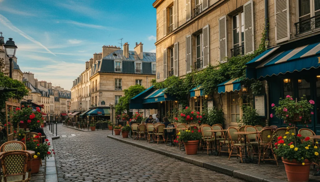 Un charmant quartier parisien aux rues pavées serpentant entre des bâtiments historiques. Au premier plan, d'élégantes terrasses de café, meublées de fer forgé et agrémentées de pots de fleurs colorés, créent une atmosphère accueillante. Au second plan, de magnifiques immeubles du XVIIe siècle, aux façades et volets ornés, arborent des pierres patinées par le temps. Des auvents colorés et une végétation luxuriante agrémentent le paysage urbain. À l'arrière-plan, les toits parisiens emblématiques, coiffés de cheminées, se dressent sous un ciel d'un bleu éclatant strié de nuages vaporeux. La scène est baignée par la douce lumière dorée du crépuscule, lui conférant une atmosphère chaleureuse et nostalgique. Prise avec un objectif grand angle pour embrasser toute la rue, l'image, d'une grande précision et rendue en résolution 8K, met en valeur les textures et invite le spectateur à découvrir le charme authentique de ce quartier. Un charmant quartier parisien aux rues pavées serpentant entre des bâtiments historiques. Au premier plan, d'élégantes terrasses de café, meublées de fer forgé et agrémentées de pots de fleurs colorés, créent une atmosphère accueillante. Au second plan, de magnifiques immeubles du XVIIe siècle, aux façades et volets ornés, arborent des pierres patinées par le temps. Des auvents colorés et une végétation luxuriante agrémentent le paysage urbain. À l'arrière-plan, les toits parisiens emblématiques, coiffés de cheminées, se dressent sous un ciel d'un bleu éclatant strié de nuages vaporeux. La scène est baignée par la douce lumière dorée du crépuscule, lui conférant une atmosphère chaleureuse et nostalgique. Prise avec un objectif grand angle pour embrasser toute la rue, l'image, d'une grande précision et rendue en résolution 8K, met en valeur les textures et invite le spectateur à découvrir le charme authentique de ce quartier.
