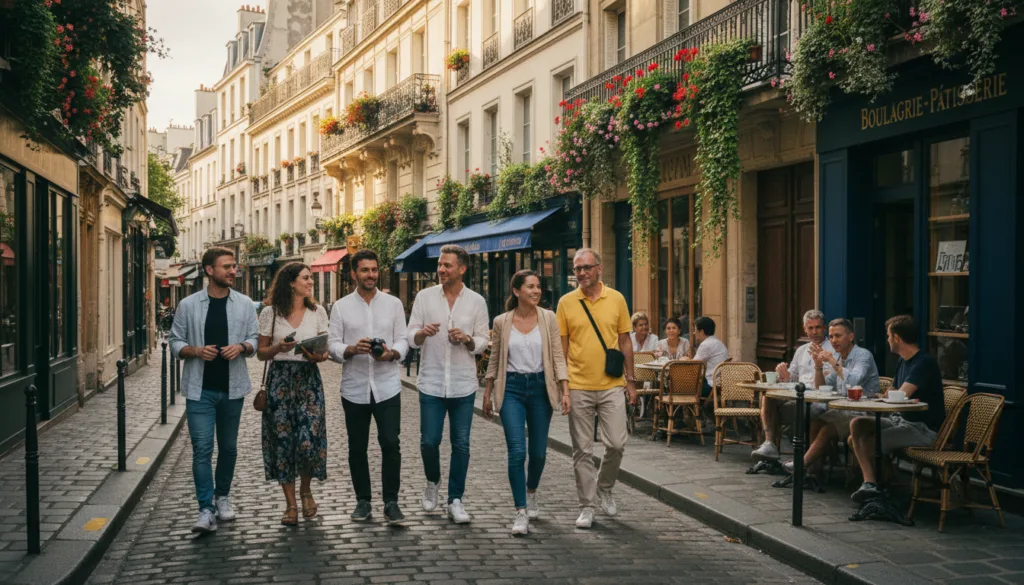 Une charmante scène de rue parisienne dans le quartier du Marais, capturant l'essence des promenades quotidiennes. Au premier plan, un petit groupe de touristes aux styles variés, vêtus de façon décontractée mais élégante, flâne sur les pavés, le regard émerveillé par le spectacle qui s'offre à eux. Au second plan, des bâtiments historiques emblématiques, typiques de l'architecture française classique, sont agrémentés de jardinières fleuries. La douce lumière de l'après-midi baigne de lumière les riches textures de la pierre patinée et les façades colorées des boutiques. À l'arrière-plan, on aperçoit un café pittoresque avec sa terrasse, où les Parisiens échangent des conversations animées. L'atmosphère est chaleureuse et vivante, imprégnée de la joie de découvrir Paris. Filmée en résolution 8K avec un éclairage cinématographique, cette vidéo capture l'essence de la vie quotidienne dans ce quartier vibrant.