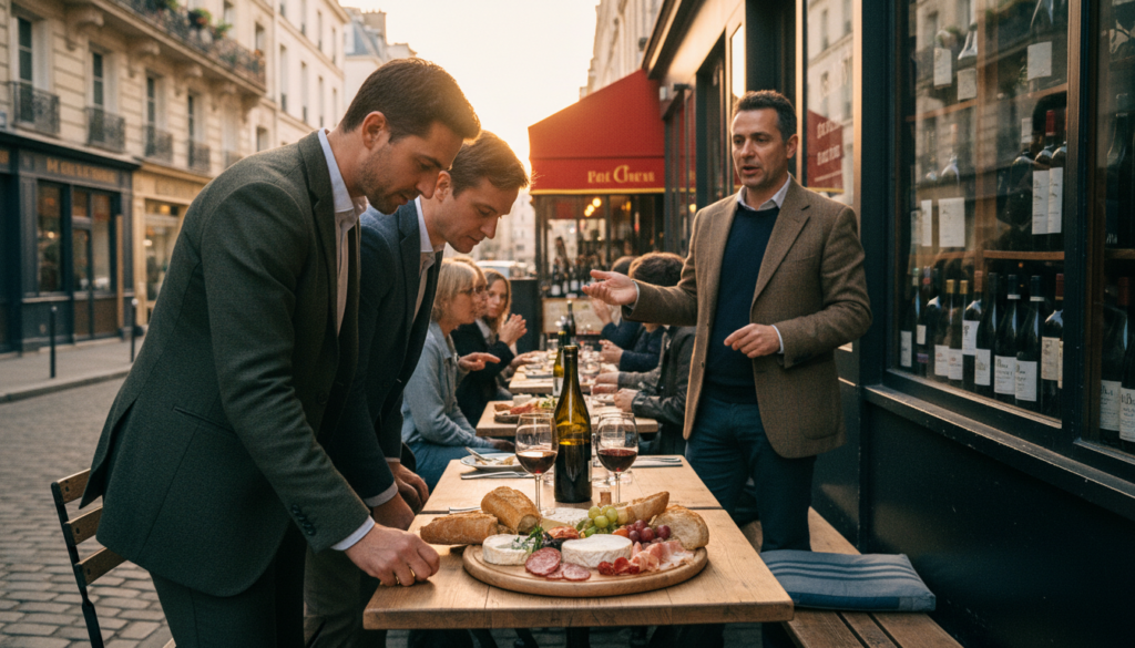 O scenă stradală pariziană fermecătoare prezintă un tur gastronomic și vinicol într-un cartier istoric. În prim-plan, un cuplu îmbrăcat în ținute smart casual examinează un platou frumos aranjat cu brânzeturi artizanale, mezeluri și baghete proaspete, înconjurat de mese rustice din lemn și flori vibrante. La mijloc, un ghid local face un gest entuziasmat spre un bistro fermecător, cu sticle de vin franțuzesc expuse. Clădiri istorice cu balcoane din fier forjat mărginesc strada, împodobite cu jardiniere colorate. Fundalul prezintă strălucirea blândă a luminii aurii, aruncând nuanțe calde peste străzile pietruite, creând o atmosferă primitoare și romantică. Imaginea este foarte detaliată în rezoluție 8k, cu iluminare cinematografică care evidențiază texturile mâncării și arhitectura.