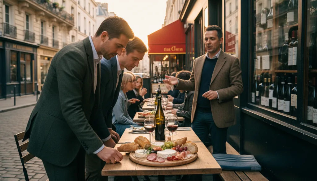 Una encantadora escena callejera parisina muestra un recorrido gastronómico y vinícola por un barrio histórico. En primer plano, una pareja con ropa elegante informal examina una bandeja de quesos artesanales, embutidos y baguettes recién hechas, rodeada de rústicas mesas de madera y flores vibrantes. En segundo plano, un guía local señala con entusiasmo un encantador bistró con botellas de vino francés en exposición. Edificios históricos con balcones de hierro forjado bordean la calle, adornados con coloridas jardineras. El fondo presenta el suave resplandor de la luz dorada del mediodía, que proyecta tonos cálidos sobre las calles adoquinadas, creando una atmósfera acogedora y romántica. La imagen es muy detallada en resolución 8k, con iluminación cinematográfica que resalta las texturas de la comida y la arquitectura.