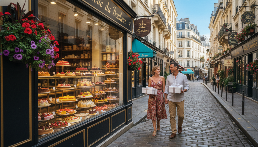 A charming Parisian street scene, showcasing the best neighborhoods for cake shop hopping. In the foreground, a quaint cake shop with a vibrant window display filled with colorful pastries and elegant cakes. A well-dressed couple in modest casual attire strolls by with joyful expressions, holding cake boxes. In the middle ground, narrow cobblestone streets lined with blossoming flower pots, and more enticing cake shops, each with unique architectural features and inviting façades. The background reveals iconic Parisian buildings with wrought-iron balconies under a clear blue sky, casting soft shadows. The scene is bathed in warm, cinematic lighting, enhancing the textures of the pastries and the quaint charm of the neighborhood. Captured in stunning 8k resolution, evoking a sense of delight and exploration.
