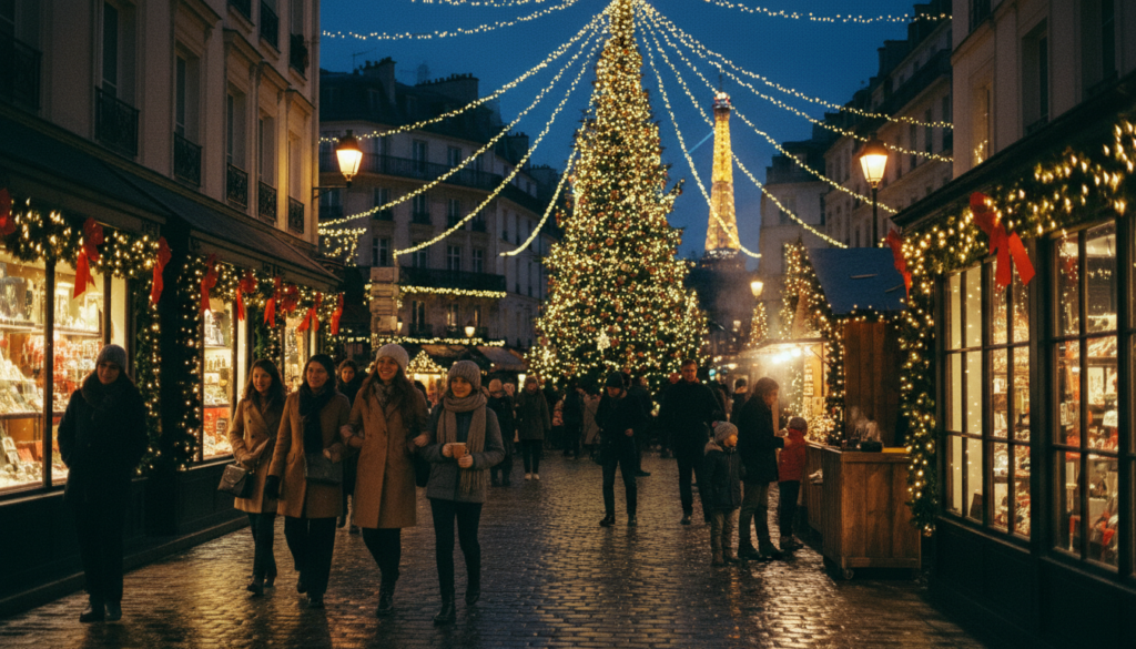 A charming evening scene in Paris during Christmas, showcasing an enchanting light display. In the foreground, a cobblestone street lined with elegant shops decorated with twinkling lights and festive garlands. People, dressed in warm winter coats, stroll happily, admiring the decorations. In the middle ground, a beautifully illuminated Christmas tree stands in a cozy square, surrounded by cheerful families enjoying hot cocoa from quaint stalls. The background features iconic Parisian architecture, softly glowing under the dazzling array of lights strung between buildings. The scene is captured with cinematic lighting, emphasizing the warmth and joy of the holiday season, with highly detailed textures and a soft bokeh effect. The image is in 8k resolution, evoking a magical and festive atmosphere.