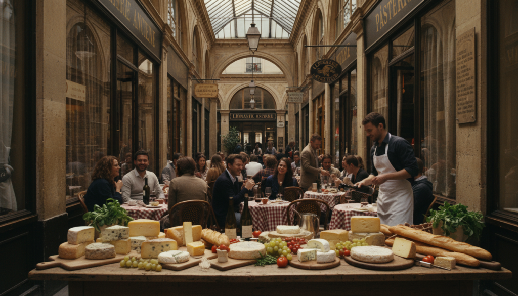 A charming scene within a centuries-old covered passage in Paris, showcasing hidden culinary experiences. The foreground features a rustic wooden table adorned with an array of artisanal cheeses, fresh baguettes, and vibrant vegetables. In the middle, a cozy bistro setting with well-dressed patrons enjoying their meals, exchanging conversations, and a waiter serving wine, all wearing modest casual clothing. The background reveals intricate archways and vintage storefronts with elegant signage, bathed in soft, golden cinematic lighting that highlights the rich textures of the cobblestone floor and aged architecture. Capture this atmosphere in stunning 8k resolution, emphasizing the inviting and intimate feel of Paris's hidden alleys.