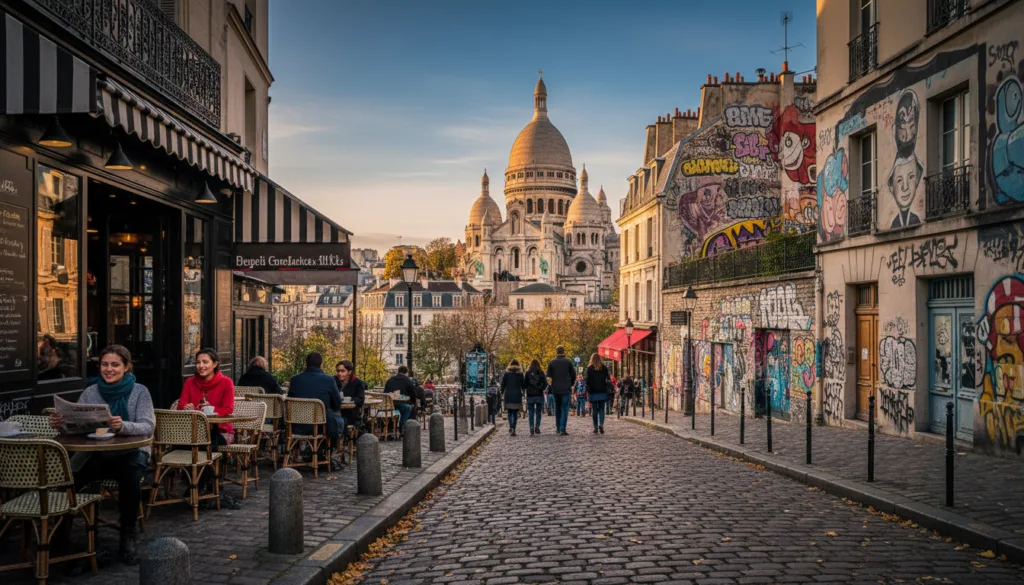 Očarujúci pohľad na parížsky Montmartre s jeho ikonickými dláždenými uličkami kľukatými štvrťou. V popredí krásne zostarnuté dlažobné kocky posypané mäkkým jesenným lístím, ktoré lákajú návštevníkov na prechádzku. Vľavo sú malebné kaviarne s Parížanmi, ktorí si vychutnávajú kávu a pečivo, ich skromné ​​ležérne oblečenie odráža uvoľnenú atmosféru. V strede sa nachádza bazilika Sacré-Cœur, ktorej biela kupola kontrastuje s modrou oblohou, zaliata teplým zlatým filmovým osvetlením. V pozadí dodávajú scéne charakter živé pouličné umenie a očarujúce historické budovy. Uhol zachytáva mierne vyvýšený pohľad, ktorý vytvára hĺbku, pričom sú viditeľné vysoko detailné textúry tehál a kameňa. Celková atmosféra je prívetivá a živá, vystihujúca podstatu Montmartru ako obľúbenej turistickej destinácie. Rozlíšenie 8k.