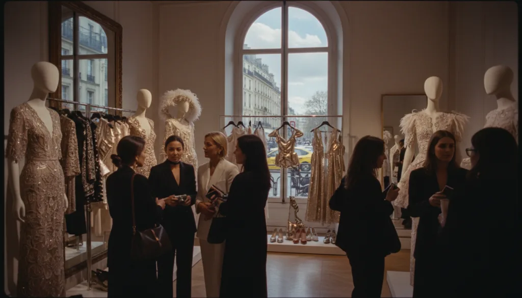 Un showroom chic et élégant à Paris pendant la Fashion Week, où des mannequins stylés présentent les dernières créations de haute couture. Au premier plan, un groupe hétéroclite de passionnés de mode et d'influenceurs, vêtus de tenues sophistiquées et professionnelles, échangent des discussions animées. Au second plan, des portants de vêtements et d'accessoires exquis scintillent sous une lumière douce et cinématographique, mettant en valeur des textures comme la soie et la dentelle. À l'arrière-plan, de grandes fenêtres offrent une vue sur une rue parisienne animée, bordée d'une architecture emblématique. L'atmosphère est vibrante et inspirante, débordante d'anticipation et de créativité, tout en conservant une esthétique épurée et soignée. Photographie haute résolution, style brut, prise avec un objectif grand angle pour accentuer la profondeur.