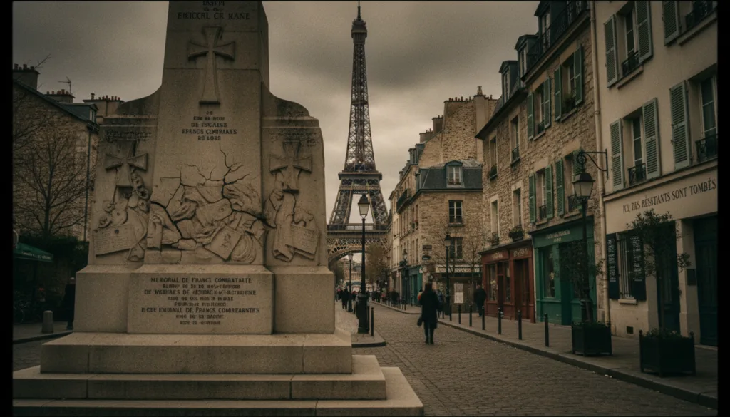 Una fotografía cinematográfica y cruda que representa los sitios históricos de la Guerra Mundial y la Resistencia en París. En primer plano, se destaca el icónico Memorial de la France combattante, con su impactante arquitectura y su solemne atmósfera. En segundo plano, se encuentra la pintoresca Rue des Rosiers, enmarcada por encantadores edificios históricos, que evocan el espíritu de resiliencia y resistencia durante la guerra. Al fondo, la imponente silueta de la Torre Eiffel se alza bajo un cielo nublado y melancólico, reflejando una atmósfera sombría pero esperanzadora. Utiliza texturas muy detalladas para capturar la piedra erosionada, la exuberante vegetación y los colores tenues. Una iluminación suave y dramática realza la imagen, mientras que una profundidad de campo reducida se centra en el monumento, creando una atmósfera evocadora y contemplativa. Busca una resolución de 8k para obtener detalles intrincados.