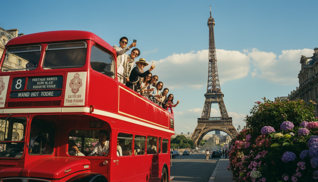 A classic red double-decker sightseeing bus driving through the picturesque streets of Paris, surrounded by iconic landmarks like the Eiffel Tower and the Louvre, during a sunny day. In the foreground, a diverse group of tourists seated on the upper deck, dressed in casual but smart clothing, eagerly taking photos and enjoying the view. The middle ground features charming Parisian architecture and blooming flowers along the boulevards, while the background showcases a clear blue sky and fluffy white clouds. The scene is illuminated with warm, cinematic lighting that enhances the vibrant colors and details, creating an inviting and joyful atmosphere. Shot with a 35mm lens, capturing a dynamic angle that emphasizes the bus against the stunning backdrop of the city. Highly detailed textures in 8k resolution. A classic red double-decker sightseeing bus driving through the picturesque streets of Paris, surrounded by iconic landmarks like the Eiffel Tower and the Louvre, during a sunny day. In the foreground, a diverse group of tourists seated on the upper deck, dressed in casual but smart clothing, eagerly taking photos and enjoying the view. The middle ground features charming Parisian architecture and blooming flowers along the boulevards, while the background showcases a clear blue sky and fluffy white clouds. The scene is illuminated with warm, cinematic lighting that enhances the vibrant colors and details, creating an inviting and joyful atmosphere. Shot with a 35mm lens, capturing a dynamic angle that emphasizes the bus against the stunning backdrop of the city. Highly detailed textures in 8k resolution.