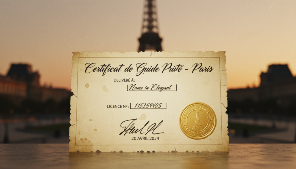 A close-up image showcasing licensed private Paris tour guide credentials, featuring a beautifully designed, detailed certificate displayed prominently in the foreground. The certificate should include elegant calligraphy, signature, and official seal, symbolizing authenticity and professionalism. In the middle ground, blurred but recognizable landmarks of Paris, such as the Eiffel Tower and the Louvre, provide context. The warm, inviting glow of soft, cinematic lighting enhances the rich textures of the paper and the elegant font, making the credentials appear prestigious. The scene is shot with a shallow depth of field from a slightly elevated angle, evoking a mood of trust and expertise, suitable to attract potential clients looking for private tours in Paris. The overall composition captures a sense of elegance and professionalism without any distractions. A close-up image showcasing licensed private Paris tour guide credentials, featuring a beautifully designed, detailed certificate displayed prominently in the foreground. The certificate should include elegant calligraphy, signature, and official seal, symbolizing authenticity and professionalism. In the middle ground, blurred but recognizable landmarks of Paris, such as the Eiffel Tower and the Louvre, provide context. The warm, inviting glow of soft, cinematic lighting enhances the rich textures of the paper and the elegant font, making the credentials appear prestigious. The scene is shot with a shallow depth of field from a slightly elevated angle, evoking a mood of trust and expertise, suitable to attract potential clients looking for private tours in Paris. The overall composition captures a sense of elegance and professionalism without any distractions.