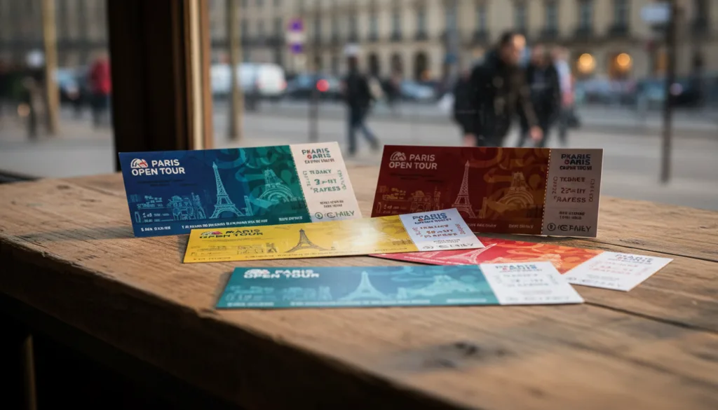 Primer plano de los billetes y pases para el autobús turístico de París, bellamente diseñados, colocados sobre una mesa de madera texturizada. Los billetes presentan colores vibrantes, patrones intrincados y monumentos icónicos de París, como la Torre Eiffel y el Louvre, sutilmente grabados al fondo. Una iluminación suave y cinematográfica realza la superficie brillante de los billetes, creando un rico contraste con la textura natural de la madera. Al fondo, se aprecia un tenue indicio de una escena callejera parisina borrosa, que evoca una sensación de viaje y aventura. La imagen captura el encanto de explorar París, destacando los diferentes tipos de billetes disponibles para los turistas. La composición está bien equilibrada, con una profundidad de campo reducida, que se centra en los billetes y difumina el fondo para una experiencia inmersiva. Las texturas altamente detalladas en resolución 8k realzan el atractivo estético.