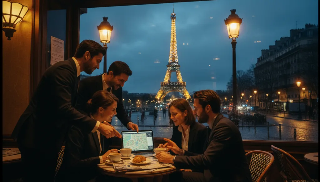 Un acogedor café parisino en primer plano, donde un grupo diverso de viajeros, vestidos con ropa de negocios, conversa mientras revisan folletos de tours nocturnos y un portátil. En segundo plano, la icónica Torre Eiffel brilla suavemente contra el cielo nocturno, decorada con luces centelleantes, creando un ambiente romántico. Al fondo, calles adoquinadas iluminadas por farolas antiguas insinúan un París bullicioso, con las siluetas de encantadores edificios y árboles enmarcando la escena. La iluminación cinematográfica proyecta tonos cálidos y sombras profundas, realzando la atmósfera acogedora y emocionante de planificar inolvidables tours nocturnos en la Ciudad de la Luz. La composición captura la emoción de la exploración y la aventura en resolución 8k, con texturas altamente detalladas y colores vibrantes.