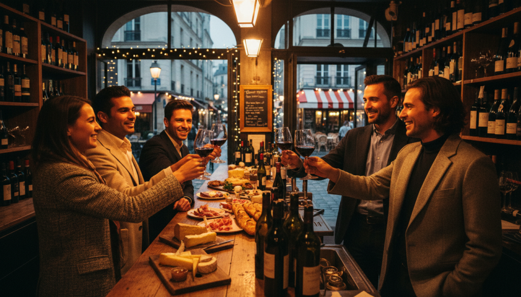 A cozy Parisian wine bar scene during an evening wine crawl. In the foreground, a group of five elegantly dressed individuals, wearing smart casual attire, raise glasses of deep red wine, their faces illuminated by soft, warm lighting, conveying a sense of joy and companionship. In the middle ground, a rustic wooden bar adorned with bottles of various wines and cheese platters invites patrons to sample their offerings. The background features dimly lit streets with charming Parisian architecture, fairy lights strung overhead, and a classic outdoor café setting, creating a warm and inviting atmosphere. Capture this scene in 8k resolution with cinematic lighting, showcasing highly detailed textures and a rich color palette to evoke the enchanting ambiance of a wine tasting tour in Paris. A cozy Parisian wine bar scene during an evening wine crawl. In the foreground, a group of five elegantly dressed individuals, wearing smart casual attire, raise glasses of deep red wine, their faces illuminated by soft, warm lighting, conveying a sense of joy and companionship. In the middle ground, a rustic wooden bar adorned with bottles of various wines and cheese platters invites patrons to sample their offerings. The background features dimly lit streets with charming Parisian architecture, fairy lights strung overhead, and a classic outdoor café setting, creating a warm and inviting atmosphere. Capture this scene in 8k resolution with cinematic lighting, showcasing highly detailed textures and a rich color palette to evoke the enchanting ambiance of a wine tasting tour in Paris.