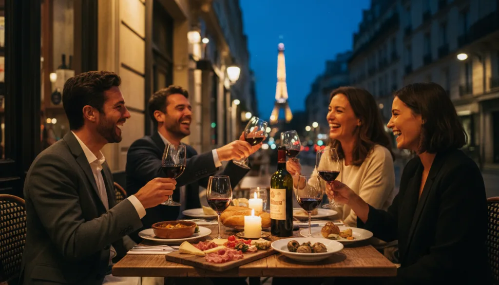 Un acogedor tour gastronómico nocturno en París, con un ambiente íntimo al aire libre en un encantador bistró. En primer plano, una mesa de madera bellamente dispuesta con una selección de platos gourmet y una botella de vino tinto fino, rodeada de elegantes copas. La suave luz de las velas ilumina la escena, creando un ambiente cálido y acogedor. En segundo plano, un grupo diverso de adultos, vestidos con ropa informal elegante, conversa animadamente; sus rostros reflejan alegría y entusiasmo. Al fondo, la icónica arquitectura parisina se difumina sutilmente, con la silueta de la Torre Eiffel recortada contra el cielo crepuscular. La composición captura el romance y el deleite culinario de la vida nocturna parisina, utilizando iluminación cinematográfica y texturas de gran detalle en resolución 8k.