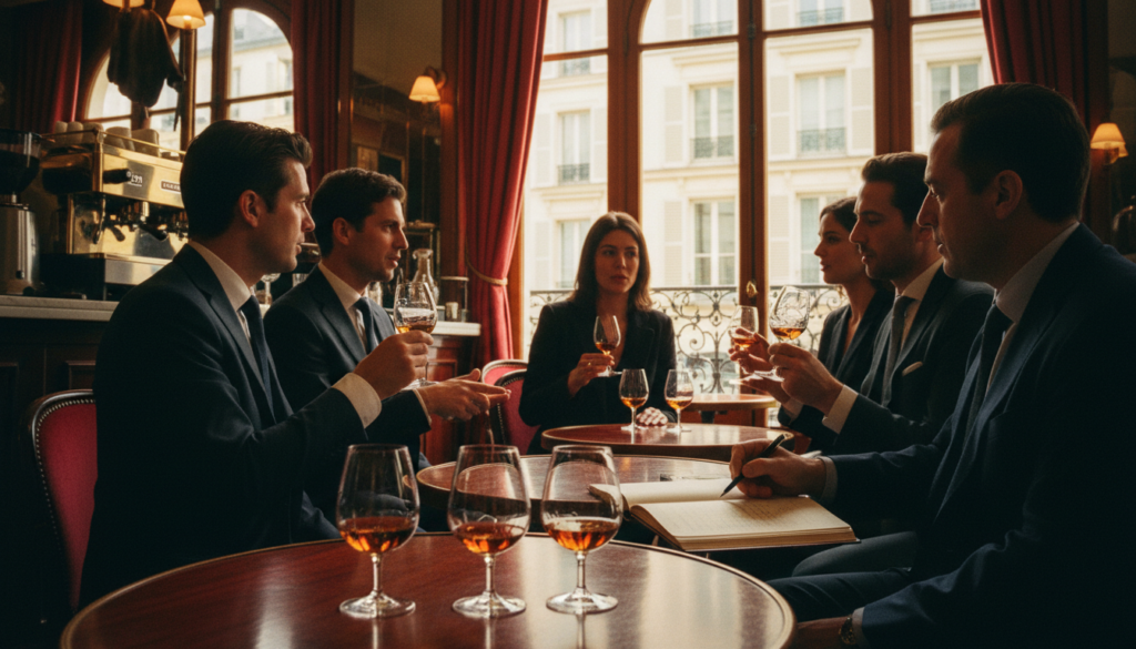 Mājīga, intīma vide konjaka degustācijas darbnīcai Parīzē, kurā neliela iesācēju grupa sēž ap pulētu koka galdu. Priekšplānā eleganti izgatavotas konjaka glāzes, kas pildītas ar dzintara krāsas šķidrumu, uztver silto, zeltaino gaismu. Vidusdaļā redzami dalībnieki profesionālā biznesa apģērbā, kas iesaistījušies diskusijā un bauda savus dzērienus, un degustācijas ceļvedis sniedz informatīvas piezīmes. Fonā atklājas dzīvīga Parīzes kafejnīcas atmosfēra ar lieliem logiem, kas ielaiž maigu, izkliedētu dienasgaismu un paver skatus uz klasisko Parīzes arhitektūru. Kopējais noskaņojums ir silts un aicinošs, veicinot konjaka izpēti un novērtēšanu. Kinematogrāfisks apgaismojums izceļ bagātīgās tekstūras, radot aicinošu un izsmalcinātu atmosfēru. 8k izšķirtspēja skaidri uztver katru detaļu.