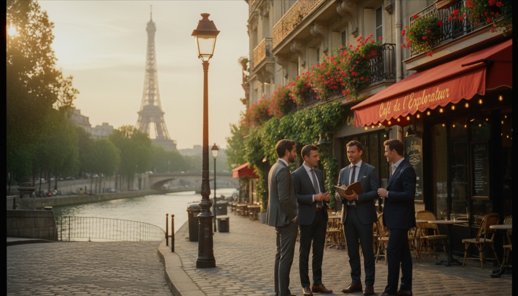 Wani yanayi mai daɗi da ke nuna rangadin sirri da ƙaramin rukuni a birnin Paris. A gaba, wani ƙaramin rukuni na masu yawon buɗe ido, sanye da kayan kasuwanci na ƙwararru, suna tattaunawa da wani jagora na gida mai ilimi kusa da wani gidan cin abinci mai kyau. Tsakiyar wurin yana da gine-ginen Paris masu ban sha'awa, kamar baranda mai ƙarfe da akwatunan tagogi masu cike da furanni, suna haɓaka yanayi mai kyau. Bayan gida yana nuna Kogin Seine yana walƙiya a ƙarƙashin hasken sa'a na zinariya, tare da haske mai laushi da siffa ta Hasumiyar Eiffel a nesa. Yanayi yana da ɗumi da jan hankali, yana haifar da jin daɗin bincike da haɗi. Hoton ya kamata ya kasance yana da hasken sinima, yana nuna zane mai cikakken bayani, kuma ya kasance cikin ƙudurin 8k don kamanni mai kama da rai. Wani yanayi mai daɗi da ke nuna rangadin sirri da ƙaramin rukuni a birnin Paris. A gaba, wani ƙaramin rukuni na masu yawon buɗe ido, sanye da kayan kasuwanci na ƙwararru, suna tattaunawa da wani jagora na gida mai ilimi kusa da wani gidan cin abinci mai kyau. Tsakiyar wurin yana da gine-ginen Paris masu ban sha'awa, kamar baranda mai ƙarfe da akwatunan tagogi masu cike da furanni, suna haɓaka yanayi mai kyau. Bayan gida yana nuna Kogin Seine yana walƙiya a ƙarƙashin hasken sa'a na zinariya, tare da haske mai laushi da siffa ta Hasumiyar Eiffel a nesa. Yanayi yana da ɗumi da jan hankali, yana haifar da jin daɗin bincike da haɗi. Hoton ya kamata ya kasance yana da hasken sinima, yana nuna zane mai cikakken bayani, kuma ya kasance cikin ƙudurin 8k don kamanni mai kama da rai.