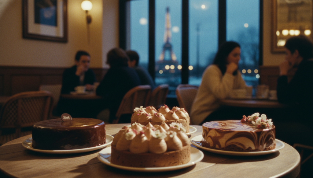 A delicious display of exquisite chocolate cakes from renowned bakeries in Paris, beautifully arranged on a wooden bistro table. In the foreground, three decadent cakes showcase various textures: a rich, glossy ganache, a fluffy mousse, and a speckled marbled cake adorned with delicate edible flowers. The middle ground captures a softly blurred ambiance of a cozy Parisian café, with warm, inviting lighting casting gentle shadows. In the background, iconic Parisian elements like the Eiffel Tower can be subtly seen through a café window, adding context without distraction. The scene has a warm, inviting atmosphere, emphasizing indulgence and the joy of good food. Shot in 8k resolution with high detail, akin to a raw photograph but infused with a cinematic touch.