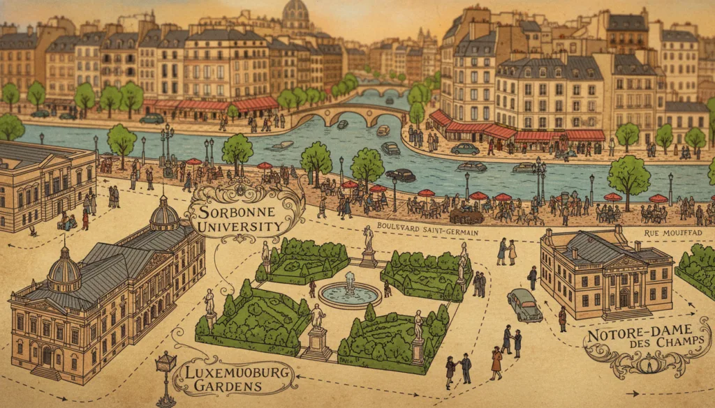 Un mapa detallado y vibrante de la Rive Gauche y el Barrio Latino de París, diseñado para destacar atracciones turísticas clave como la Sorbona, los Jardines de Luxemburgo y la icónica Notre-Dame des Champs. En primer plano, incluya ilustraciones detalladas de monumentos famosos con etiquetas e indicaciones claras. En segundo plano, muestre una representación estilizada del río Sena serpenteando por la zona, rodeado de pintorescas calles y bulliciosos cafés llenos de gente con atuendos profesionales. El fondo captura la encantadora arquitectura de los edificios parisinos bajo un cálido y dorado atardecer, creando una atmósfera de ensueño y acogedora. El mapa debe tener una calidad fotográfica original, con texturas muy detalladas, iluminación cinematográfica y renderizado en alta resolución 8k para mayor claridad y profundidad.