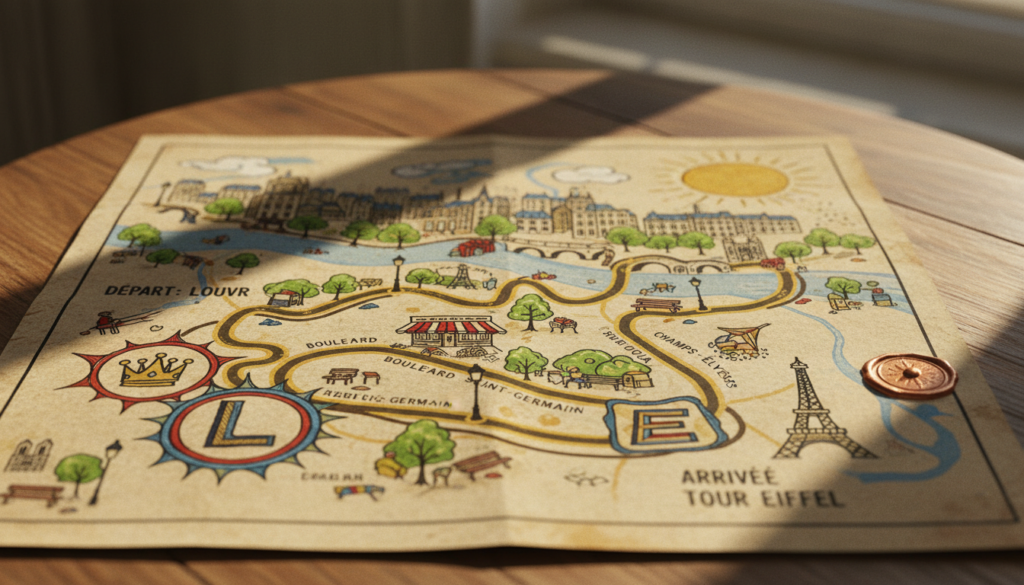 A detailed and vibrant walking map of Paris, showcasing the route from the Louvre Museum to the Eiffel Tower. In the foreground, intricate map elements with bold lines and vibrant icons marking notable attractions. The middle ground features a clear, easy-to-follow pathway elegantly winding through Parisian streets adorned with cafes and tree-lined boulevards. In the background, iconic Paris landmarks are subtly illustrated, including the Seine River and picturesque Parisian architecture. The scene is illuminated with warm, cinematic lighting, enhancing the textures of the map and its surroundings, emphasizing an inviting atmosphere for tourists. The composition is crisp and visually engaging, representing the essence of exploring Paris on foot. Rendered in 8k resolution for high detail.