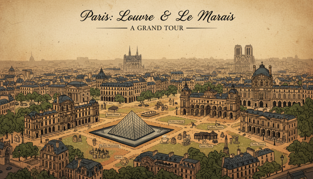 A detailed, artistic map showcasing the must-see sites in the Louvre and Le Marais area of Paris. The foreground features intricate illustrations of iconic landmarks like the Louvre Pyramid and Place des Vosges, along with notable museums and galleries nearby. In the middle ground, vivid pathways connect these attractions, with small icons representing cafes, boutiques, and art spaces. The background reveals a softly rendered Parisian skyline with historic architecture under warm, cinematic lighting, creating a welcoming atmosphere. The overall composition is rich in textures, utilizing an 8k resolution for sharp detail, emphasizing a blend of elegance and urban charm.