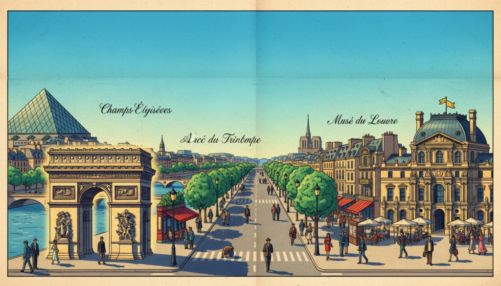 A detailed map illustration showcasing the tourist attractions along the Champs-Élysées and the right bank of the Seine River. In the foreground, distinct icons representing famous landmarks such as the Arc de Triomphe and the Louvre, featuring intricate details and vivid colors. The middle ground depicts the bustling avenue, lined with cafes, shops, and lush trees, rendered in vibrant greens and warm browns, with pedestrians dressed in professional business attire and casual clothing. The background features a soft-focus view of the Seine and iconic Parisian architecture under a bright, clear sky, illuminated by cinematic lighting that enhances textures and depth. The entire composition is designed in high-resolution 8k, capturing the essence of Parisian charm and inviting exploration.