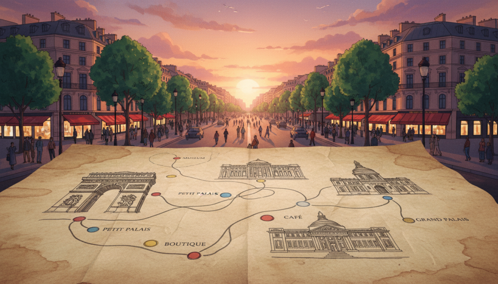 A detailed map of Paris highlighting attractions along the Champs-Élysées axis, showcasing iconic landmarks such as the Arc de Triomphe, Petit Palais, and Champs-Élysées gardens. In the foreground, include meticulously drawn pathways connecting these sites, with colorful markers indicating museums, cafes, and shopping areas. The middle ground features a scenic view of the bustling avenue, lined with trees and elegant storefronts, bathed in cinematic lighting that casts soft shadows for depth. The background presents a sunset sky, enhancing the romantic atmosphere of Paris. Capture the essence of the city with highly detailed textures, ensuring crisp clarity in 8k resolution, and focus on a bird's-eye view angle for an expansive perspective without any text or overlays.