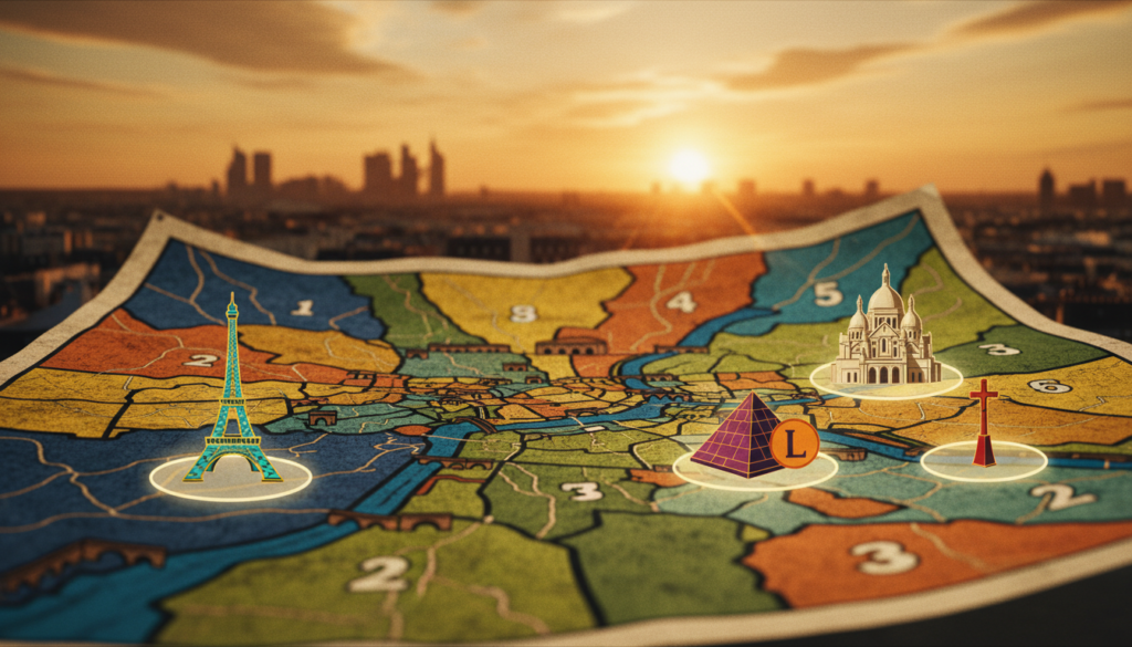 A detailed map of Paris showcasing attractions organized by arrondissement, illustrated in a vibrant, artistic style. In the foreground, distinct landmarks are marked clearly, such as the Eiffel Tower, Louvre Museum, and Sacré-Cœur, each represented with colorful icons. The middle layer features the arrondissement boundaries, with each section uniquely colored and labeled for easy identification. The background includes a soft, textured depiction of the Paris skyline under a cinematic sunset, casting warm golden light over the scene. The map is rendered in stunning 8k resolution, emphasizing highly detailed textures and subtle shadows that add depth, creating a sense of exploration and adventure in the heart of Paris. The overall mood is inviting, informative, and visually engaging.