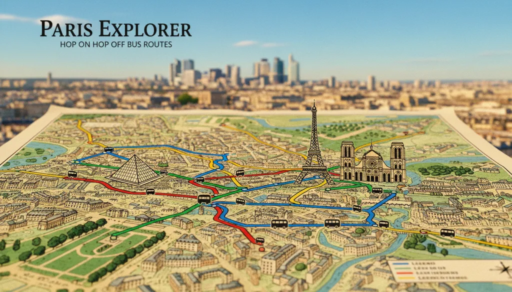 Un mapa detallado de París muestra las rutas de autobuses turísticos, con énfasis en la cobertura de autobuses turísticos. En primer plano, vibrantes líneas de colores serpentean entre lugares emblemáticos como la Torre Eiffel, el Museo del Louvre y la Catedral de Notre Dame. La capa intermedia presenta un paisaje urbano texturizado de calles y barrios parisinos, que combina intrincados detalles de arquitectura y parques. Al fondo, un horizonte urbano desenfocado bajo un cielo azul claro, iluminado por una cálida iluminación cinematográfica que realza el encanto de la ciudad. La atmósfera general es acogedora e informativa, mostrando la accesibilidad de las atracciones parisinas para los turistas que exploran la ciudad en estas rutas de autobús. Renderizado en resolución 8k con texturas altamente detalladas para una apariencia auténtica.