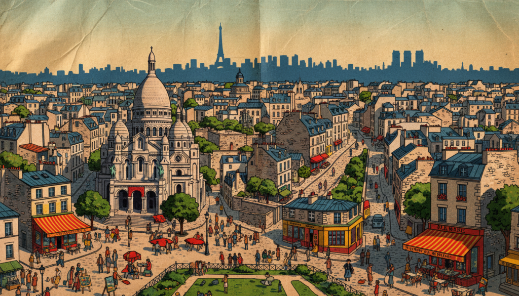 A detailed map of attractions in Paris, focusing on Montmartre and the northern districts. In the foreground, iconic landmarks like the Sacré-Cœur Basilica and the bustling Place du Tertre are illustrated with vibrant colors, surrounded by exemplary cafés and art studios. The middle ground features the winding streets of Montmartre, adorned with charming buildings and picturesque views, while parks and public squares add a touch of greenery. In the background, the skyline of Paris presents a subtle silhouette of the Eiffel Tower and other distant monuments. The image captures the warmth of a late afternoon, with soft cinematic lighting enhancing the textures of cobblestone streets and the vibrancy of street life. The overall mood is inviting, showcasing the rich culture and history of this historic area in exquisite 8k resolution.